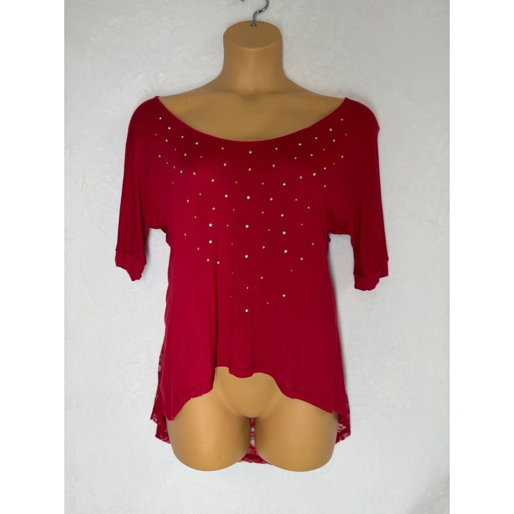 Y2K Red Lace High Low Top Rhinestone Studded Off Shoulder Coquette romantic L
